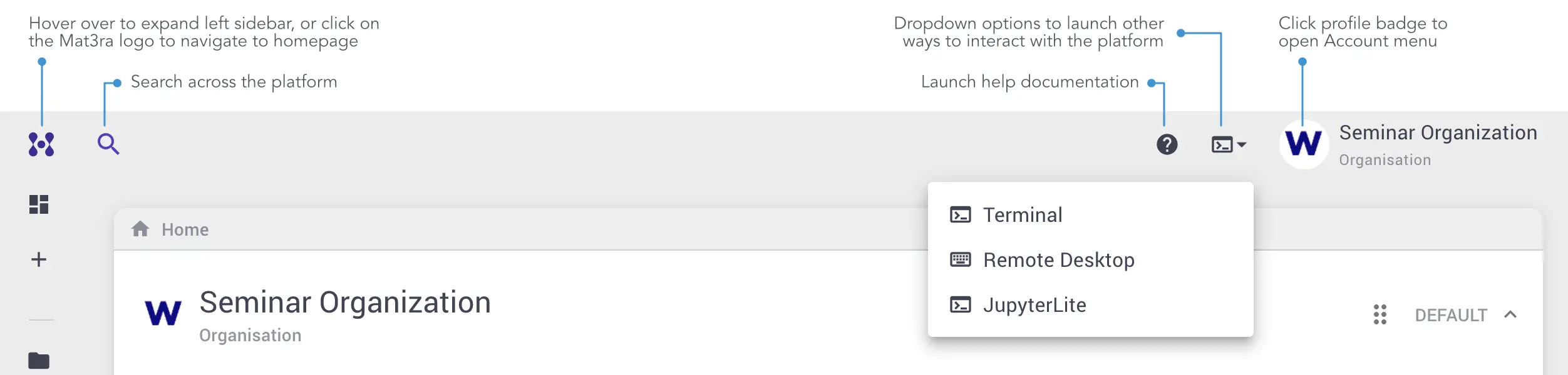 UI header with Terminal dropdown menu ui-header